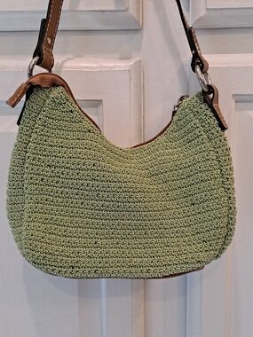 Essentials Light Green Woven Shoulder Bag with Brown Leather Trim NWT